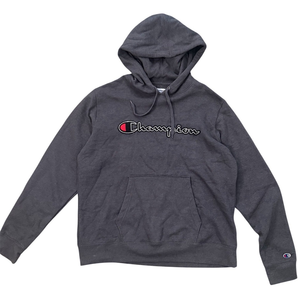 Champion Hoodie Mens Large Gray Script Logo Pullover Sweatshirt Embroidered